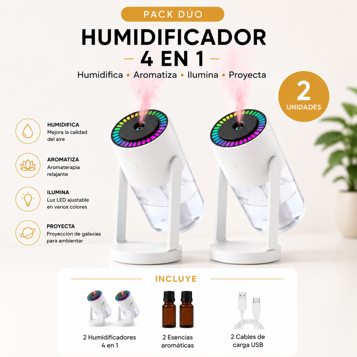 Humidificador Ultrasónico con Proyector de Galaxias y Difusor de Aromaterapia 4 en 1
