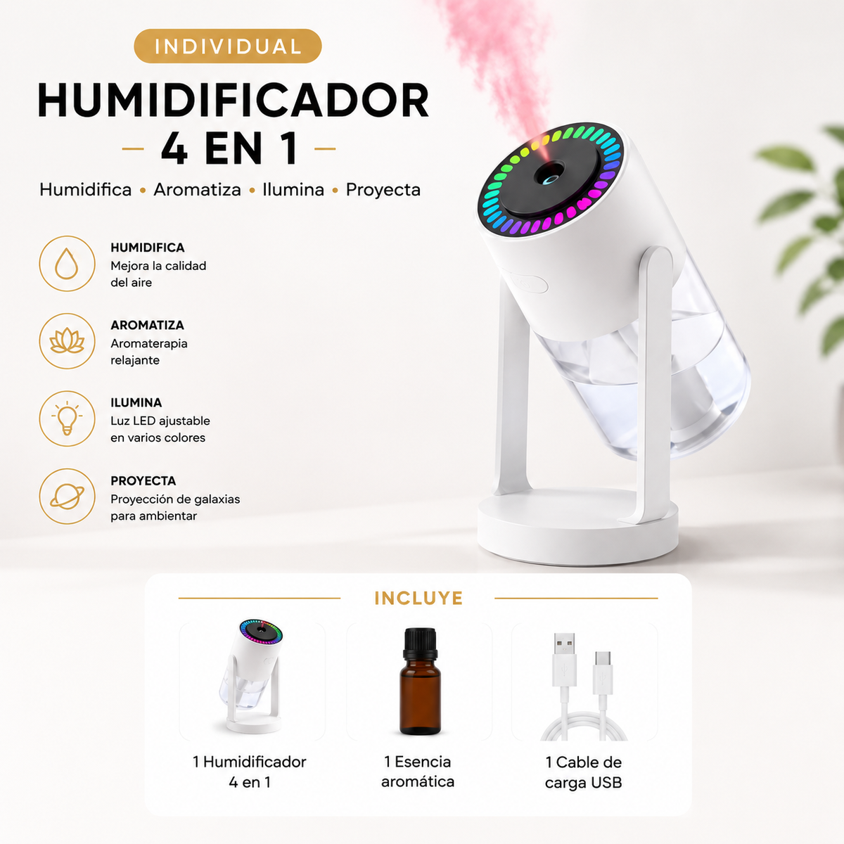 Humidificador Ultrasónico con Proyector de Galaxias y Difusor de Aromaterapia 4 en 1